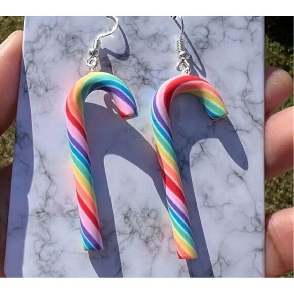 New! Rainbow Candy Cane Dangle Earrings! Christmas so Cute!! - Picture 1 of 3